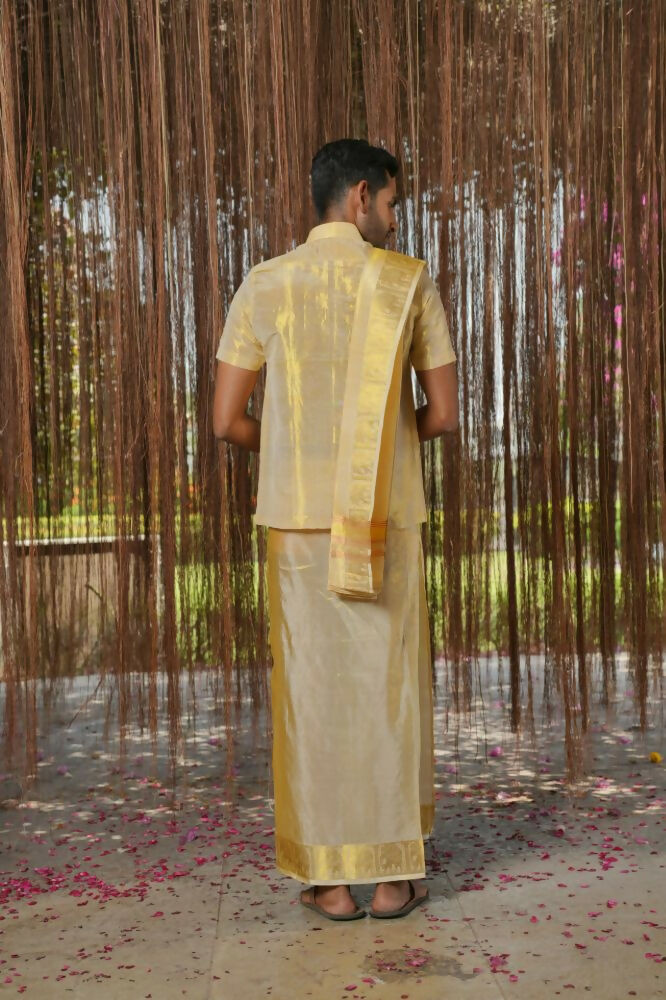 Gold Tissu Kanjivaram Machien Embroidered Pattu Set by Hilo Design