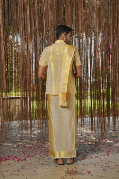Gold Tissu Kanjivaram Machien Embroidered Pattu Set by Hilo Design