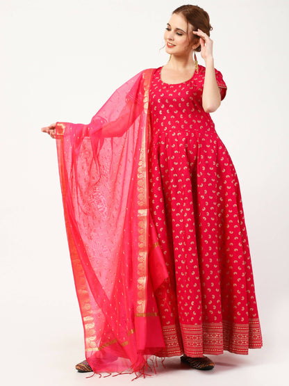 Cheera Women's Deep Pink Cotton & Silk Hand Block Print Long Dress With Silk Dupatta Set