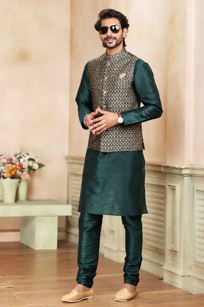 Raivat Ethnic Jacquard Banarasi Silk Woven Work 3 Pics Jacket Set In Green Colour