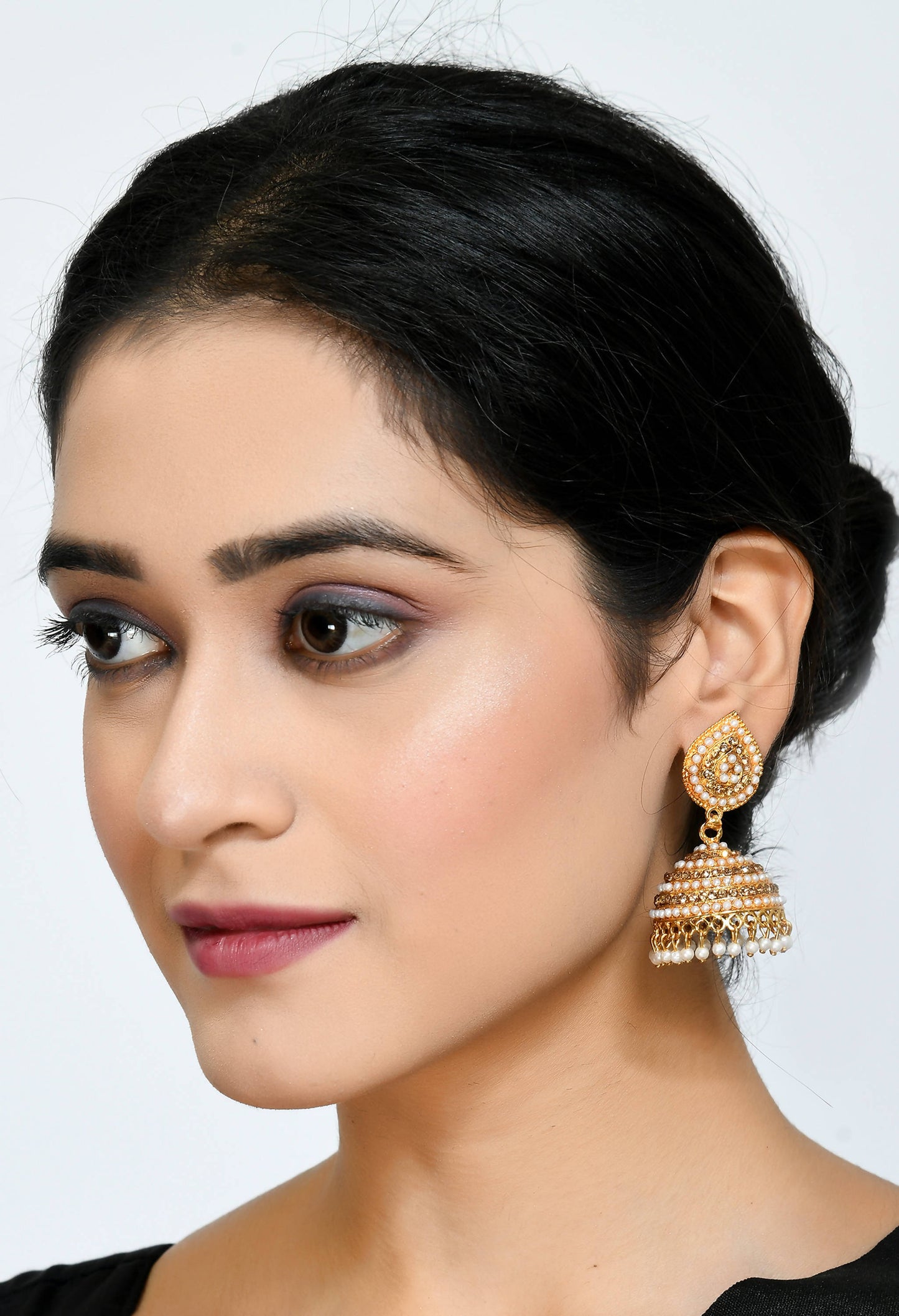 Mominos Fashion Johar Kamal Leaf Design Jhumka With Stone & Pearl
