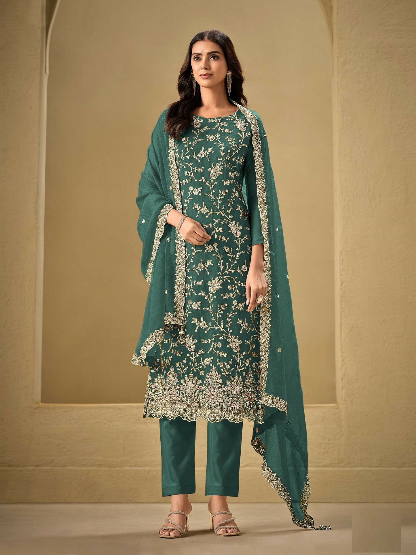 Anaita Teal Green Embroidered Silk Stitched Salwar Suit