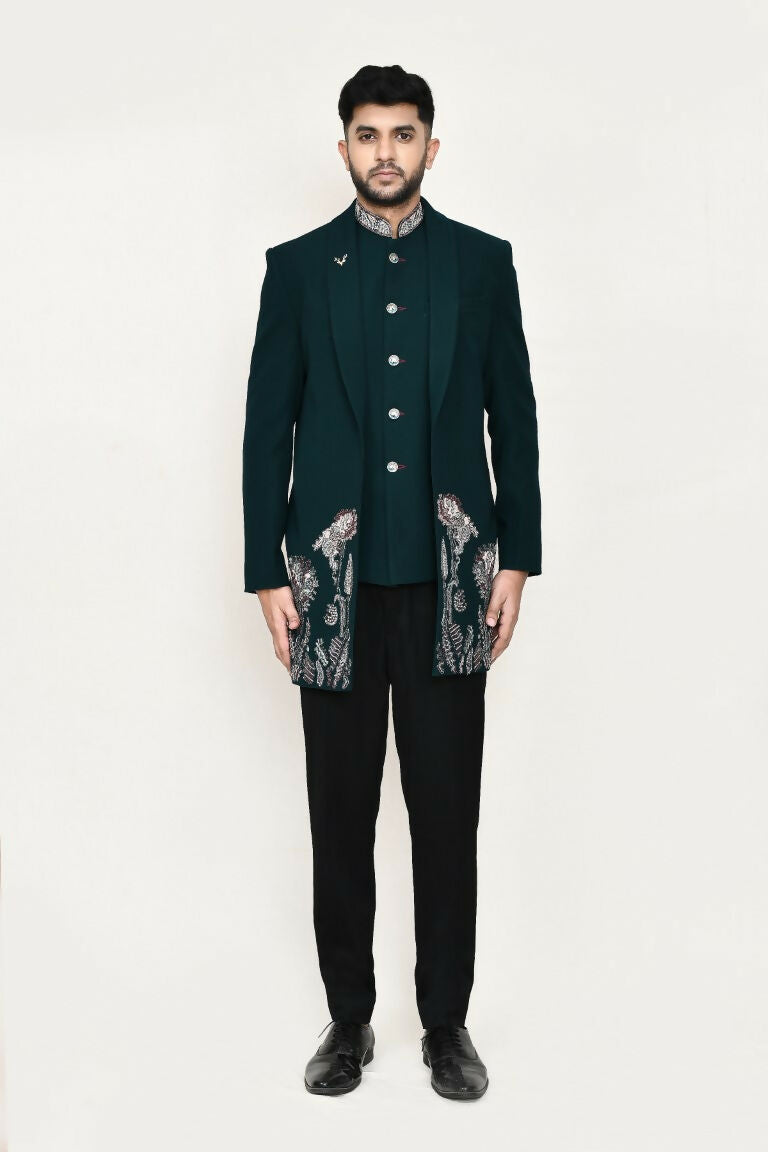 Joban Fashion Green Colored Imported Polyester Fabric Open Prince Coat, Jacket With Pant