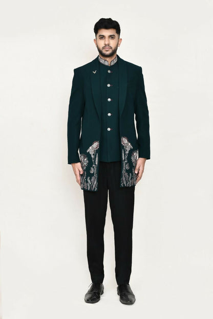 Joban Fashion Green Colored Imported Polyester Fabric Open Prince Coat, Jacket With Pant