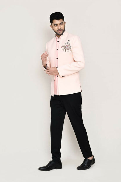 Joban Fashion Peach Colored Imported Polyester Fabric Open Prince Coat, Jacket With Pant