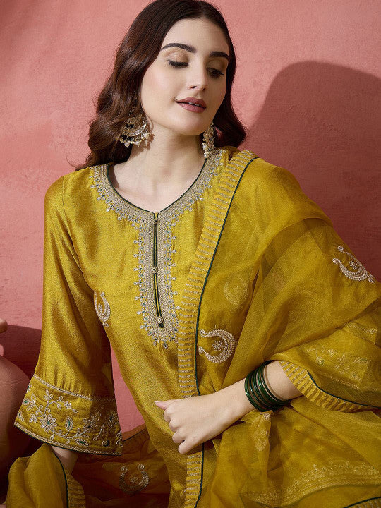 Sangria Floral Embroidered Flared Sleeves Zari Straight Kurti With Dhoti Pant & Dupatta