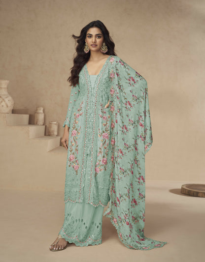 Anaita Sea-Green Chinon Readymade Suit with Embroidery Sequence Work