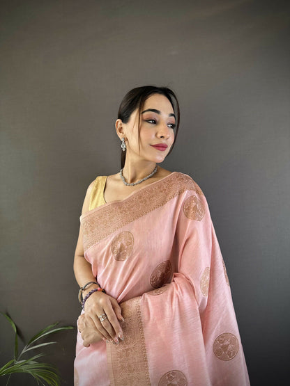 Joban Fashion Peach Floral & Paisley Linen Silk Banarasi Saree
