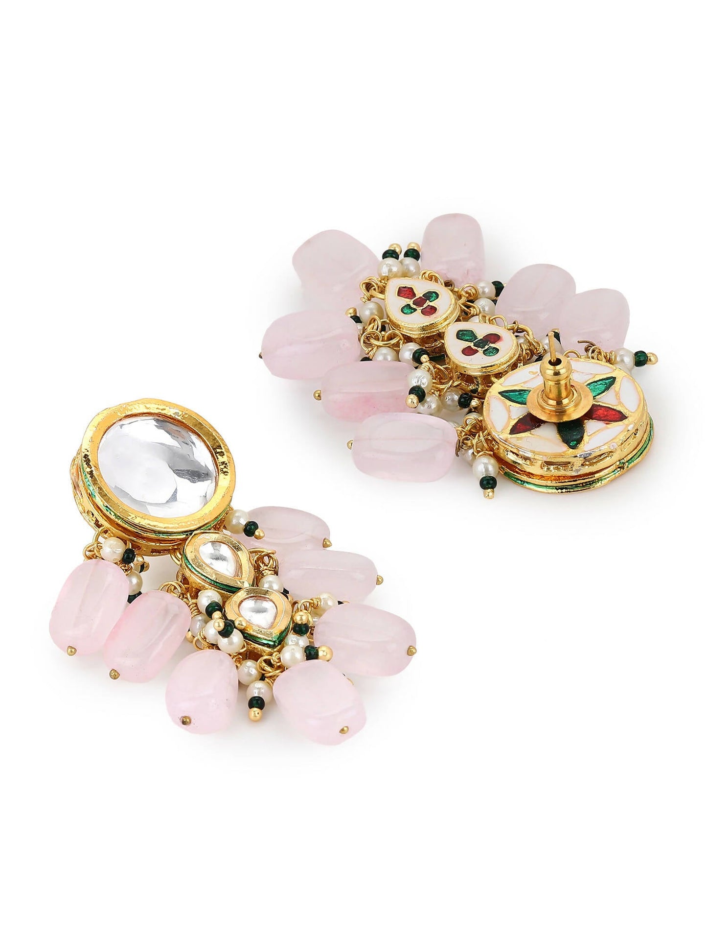 Gold-Toned White Kundan Contemporary Gold-Polished Drop Earrings - Ruby Raang