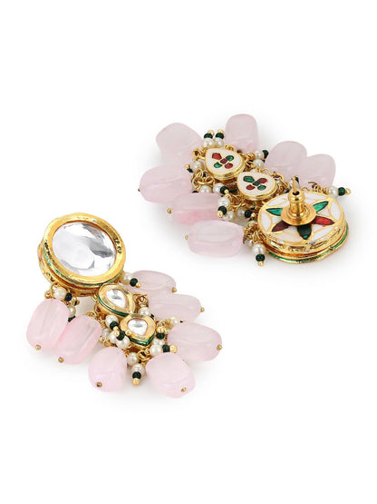 Gold-Toned White Kundan Contemporary Gold-Polished Drop Earrings - Ruby Raang
