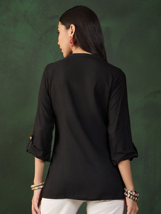Sangria Women Ethnic Motifs Embroidered Mandarin Collar Top