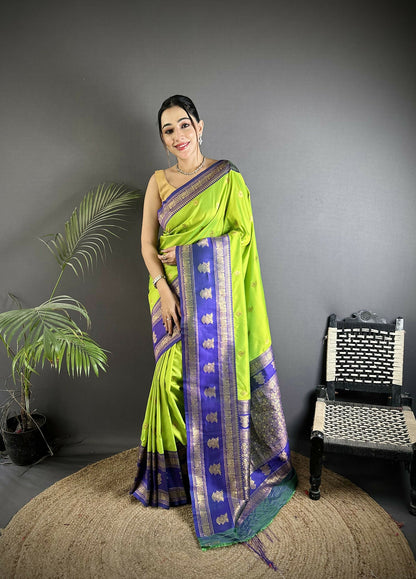 Joban Fashion Parrot Green Banarasi Soft Silk Woven Butti Saree