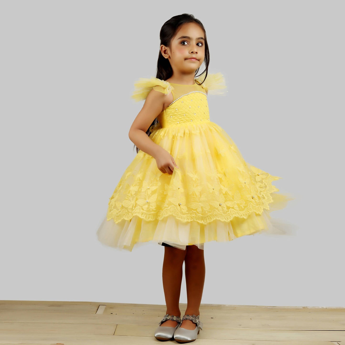 Pink Cow Fashions Yellow Dress With Net Layer At Bottom & Frill Sleeves
