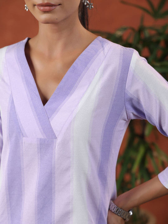 Anayna Striped V-Neck Pure Cotton Straight Kurta With Trousers
