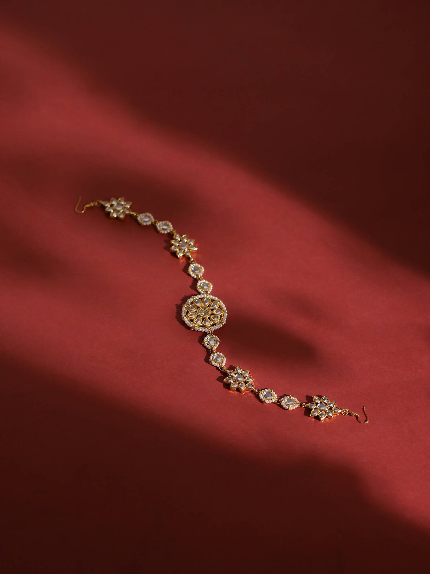Gold-Polished White Kundan-Studded Pearl Beaded Hair Band - Ruby Raang