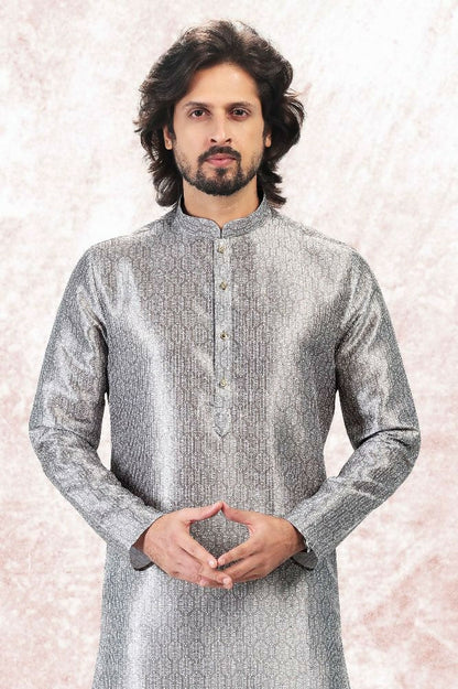Raivat Ethnic Jacquard Banarasi Silk Digital Print Kurta Pajama In Grey Colour