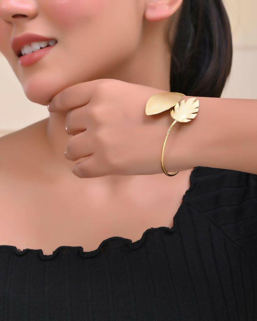 VOJ Gold-Polished Leaf Shaped Cuff Bracelet
