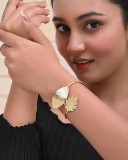 VOJ Gold-Polished Leaf Shaped Cuff Bracelet