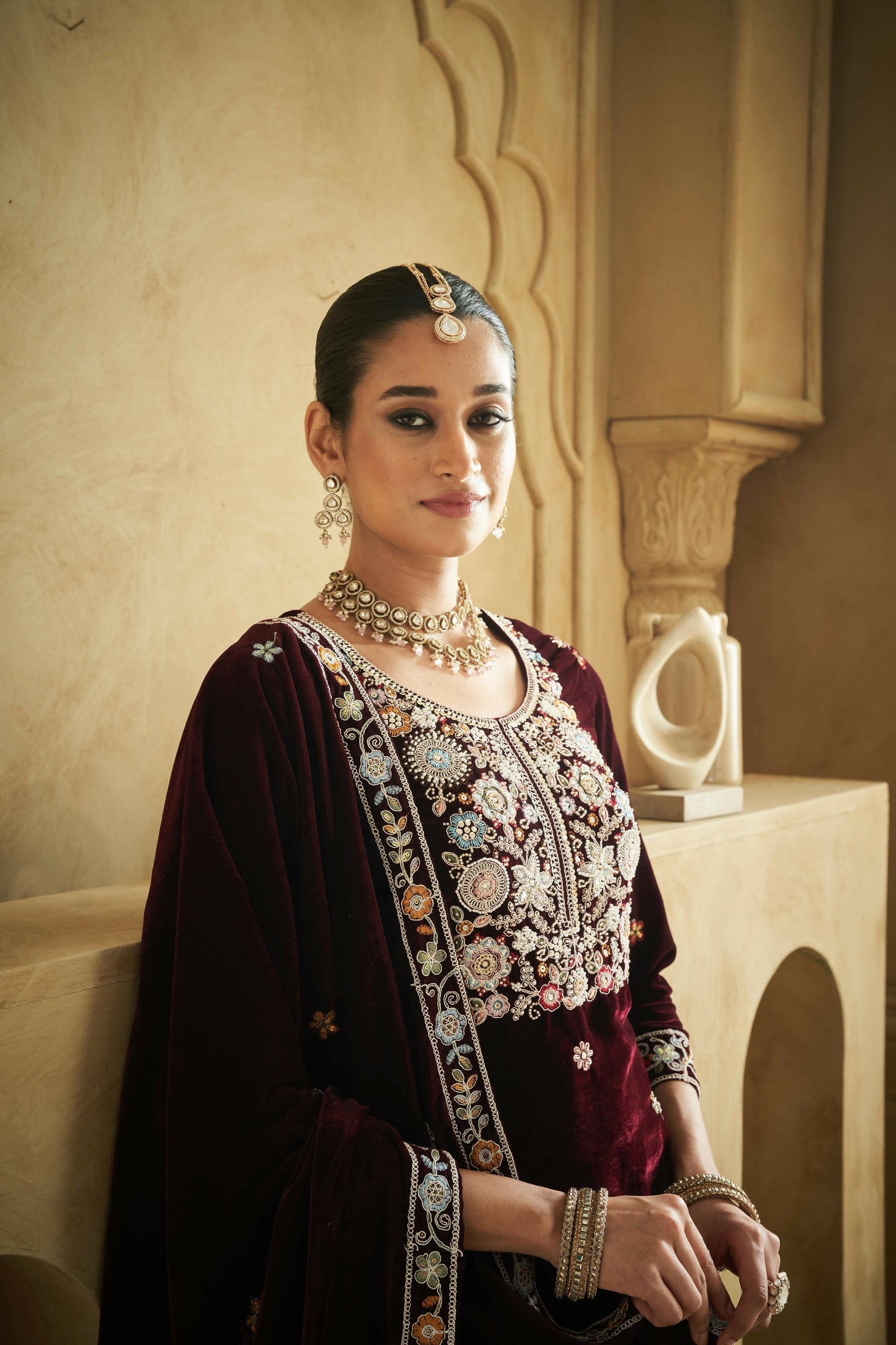 Anaita Purple Embroidered Work Velvet Stitched Plazo Suit