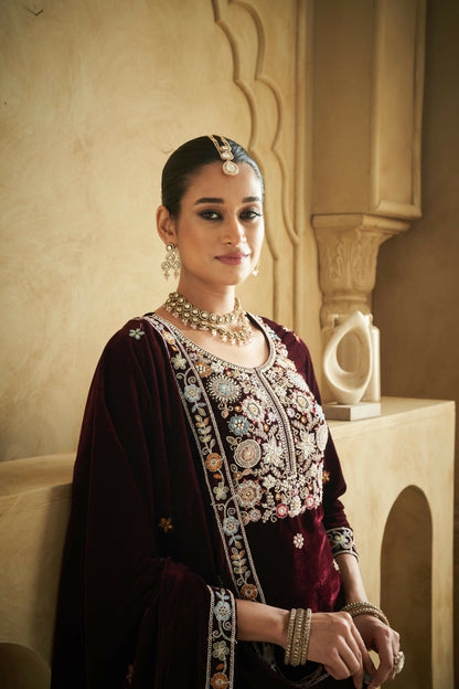 Anaita Purple Embroidered Work Velvet Stitched Plazo Suit