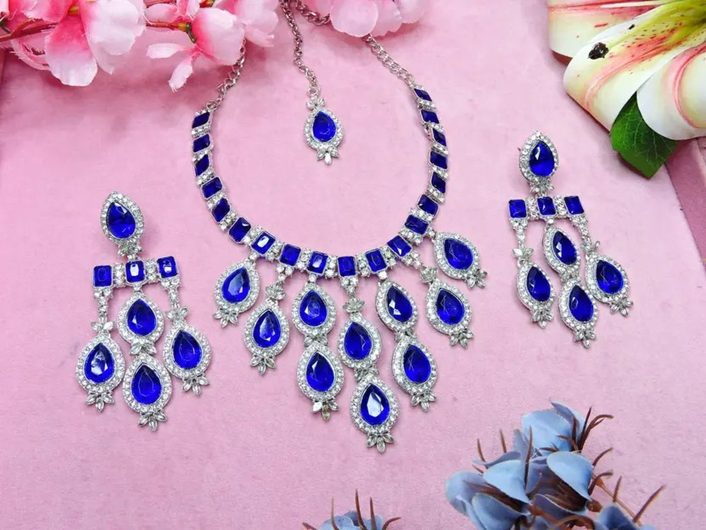 Jewel City Teardrop Bridal Necklace Set with Earrings & Maang Tikka - Ethnic Wedding Jewelry for Brides & Parties