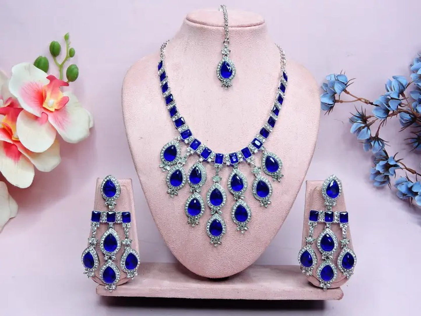 Jewel City Teardrop Bridal Necklace Set with Earrings & Maang Tikka - Ethnic Wedding Jewelry for Brides & Parties