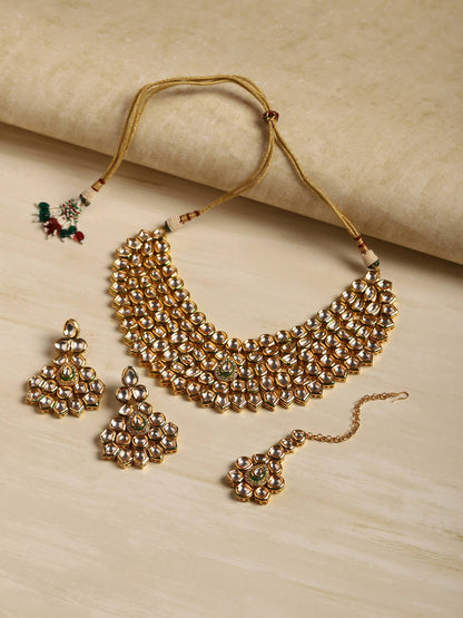 Gold-Polished Maharani Kundan Neckpiece With Earrings And Maang Tikka - Ruby Raang
