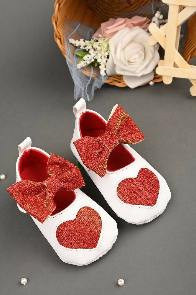 Tiny Bugs Girls Heart Bow Detailing Booties - White & Red