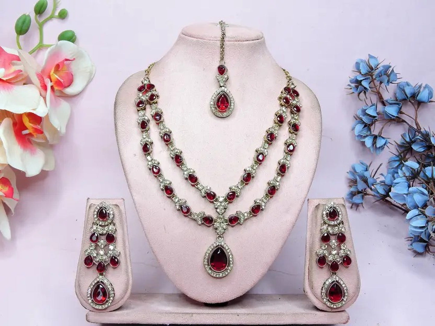 Jewel City Teardrop Bridal Necklace Set with Earrings & Maang Tikka - Ethnic Wedding Jewelry for Brides & Parties