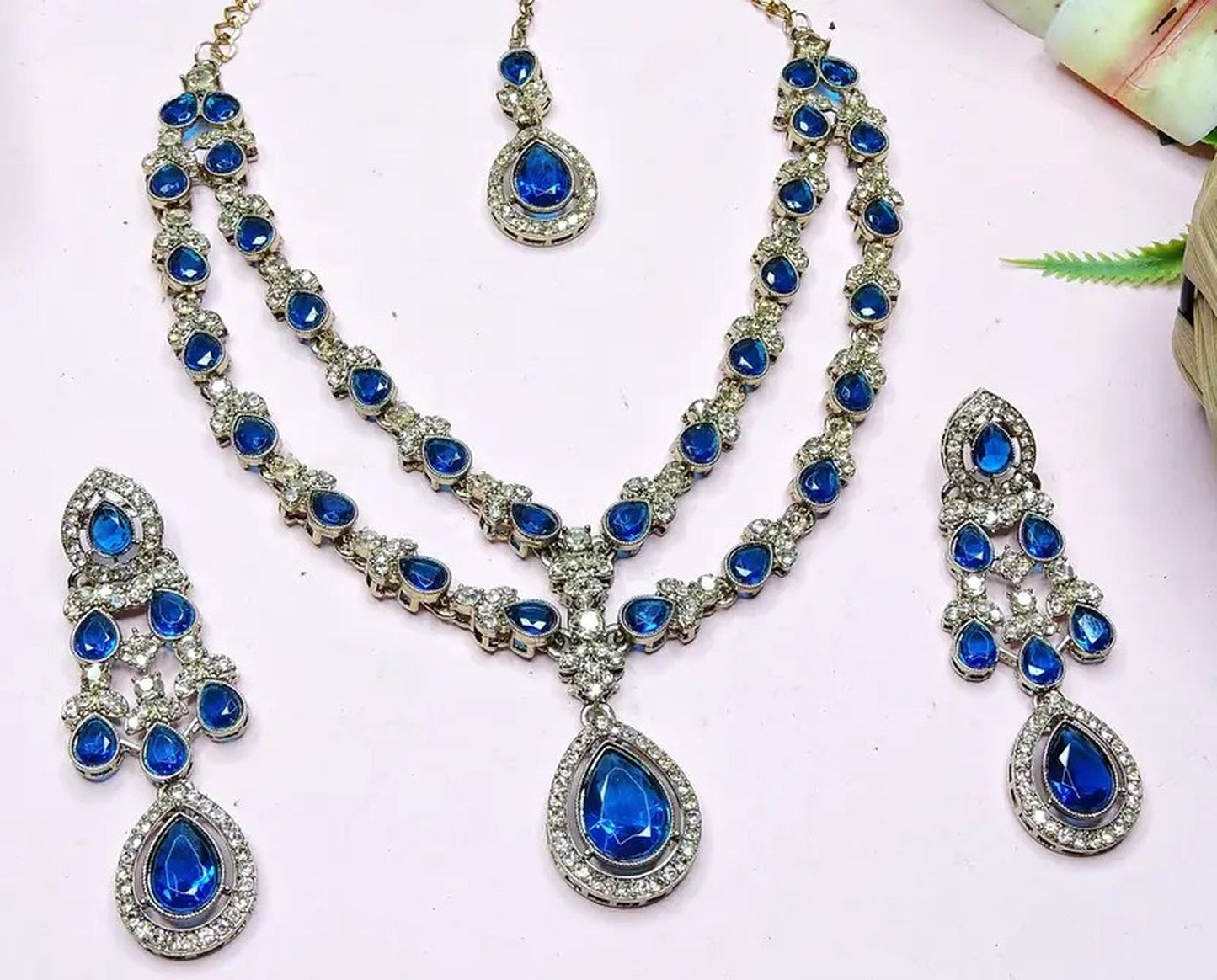 Jewel City Teardrop Bridal Necklace Set with Earrings & Maang Tikka - Ethnic Wedding Jewelry for Brides & Parties