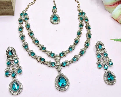Jewel City Teardrop Bridal Necklace Set with Earrings & Maang Tikka - Ethnic Wedding Jewelry for Brides & Parties