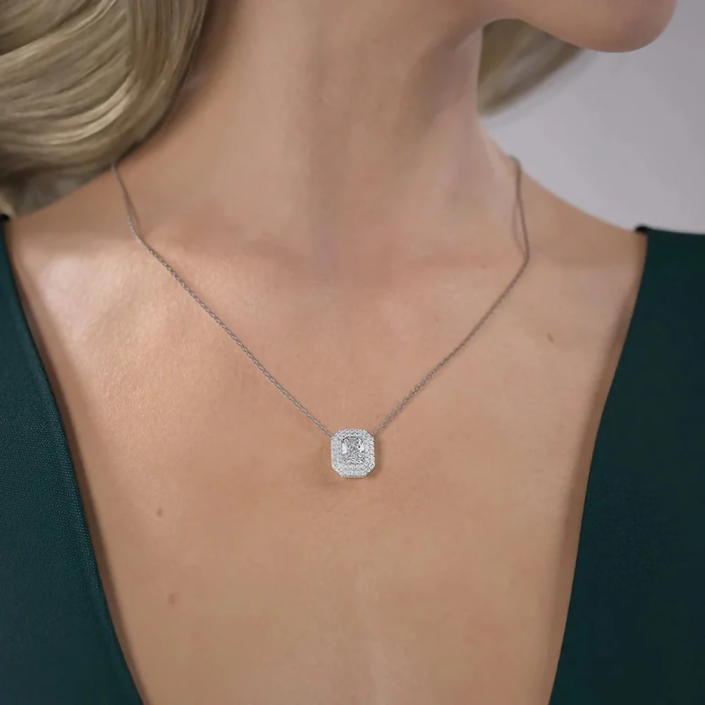 Cauer Elegant Radiant Moissanite Pendant Chain 14K Sterling Silver White Gold Plated