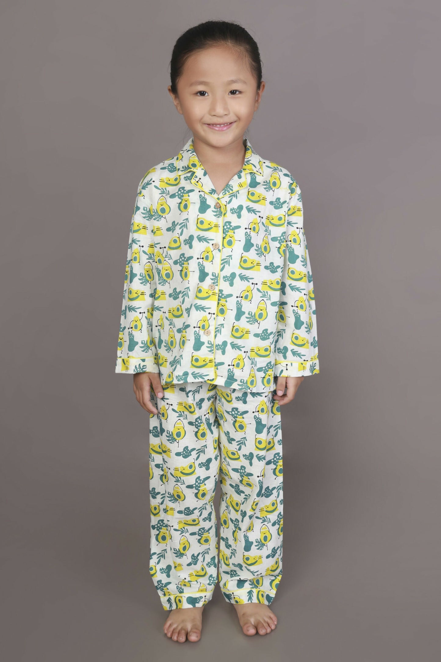 Breathables Kids Cotton Night Suit – White Avocado Print Shirt & Pyjama Co-Ord Set For Boys & Girls