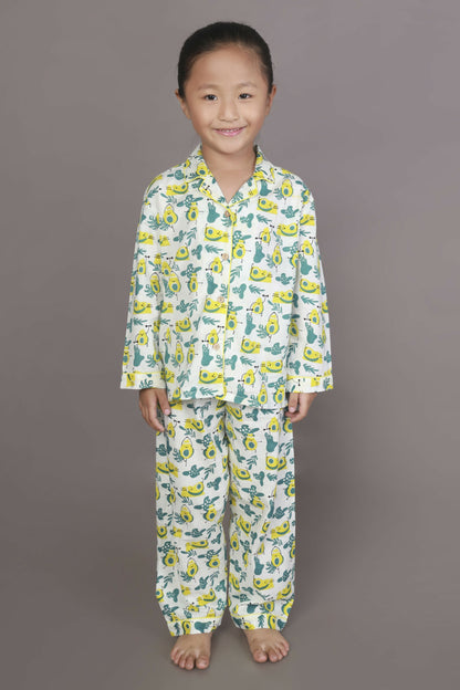 Breathables Kids Cotton Night Suit – White Avocado Print Shirt & Pyjama Co-Ord Set For Boys & Girls