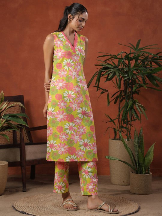 Anayna Floral Printed V-Neck Pure Cotton Straight Kurta With Trousers