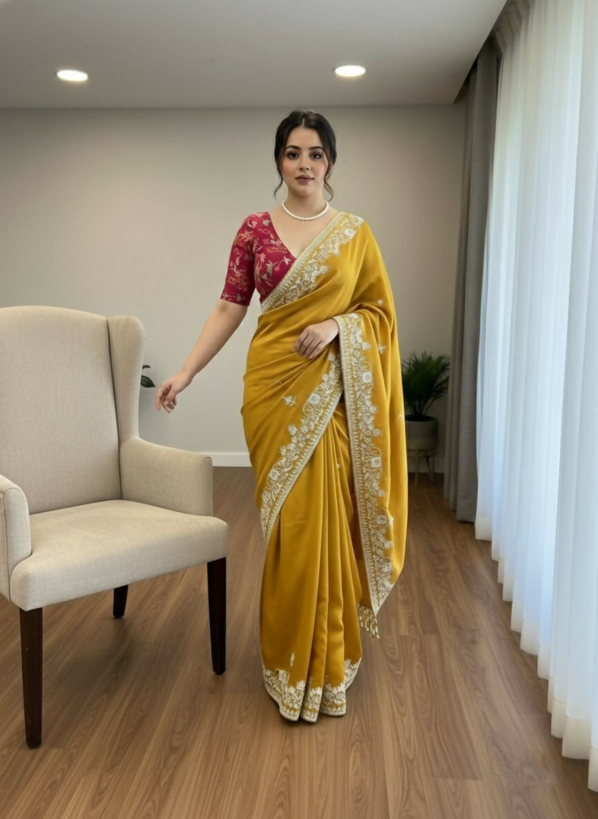 Teeya Creation New Trendy Party Wear Soft Satin Chiffon Saree-Yellow