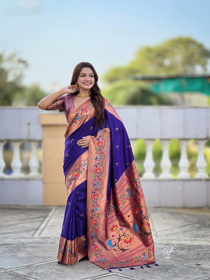 Mameraa Sarees Violet Faux Banarasi Silk Saree With Paithani Rich Weaved Pallu And Blouse-Violet