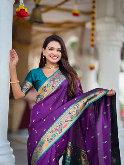 Mameraa Sarees Purple Faux Banarasi Silk Saree With Paithani Rich Weaved Pallu And Blouse-Purple