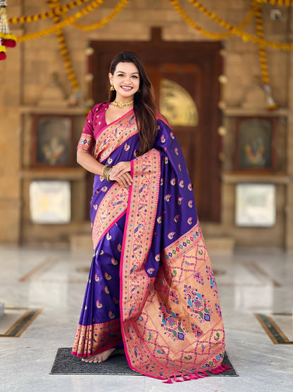 Mameraa Sarees Purple Faux Banarasi Silk Saree With Paithani Rich Weaved Pallu And Blouse-Purple