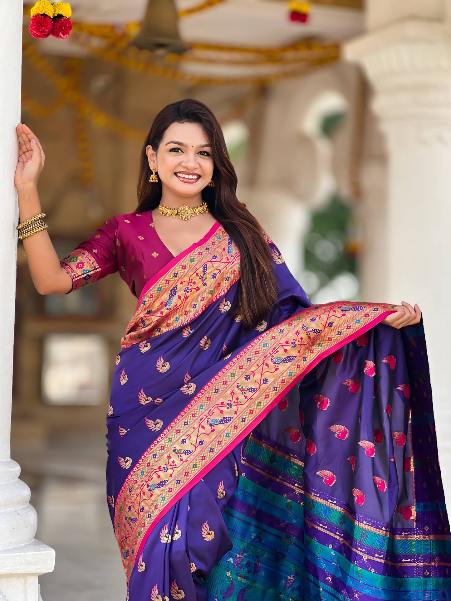 Mameraa Sarees Purple Faux Banarasi Silk Saree With Paithani Rich Weaved Pallu And Blouse-Purple