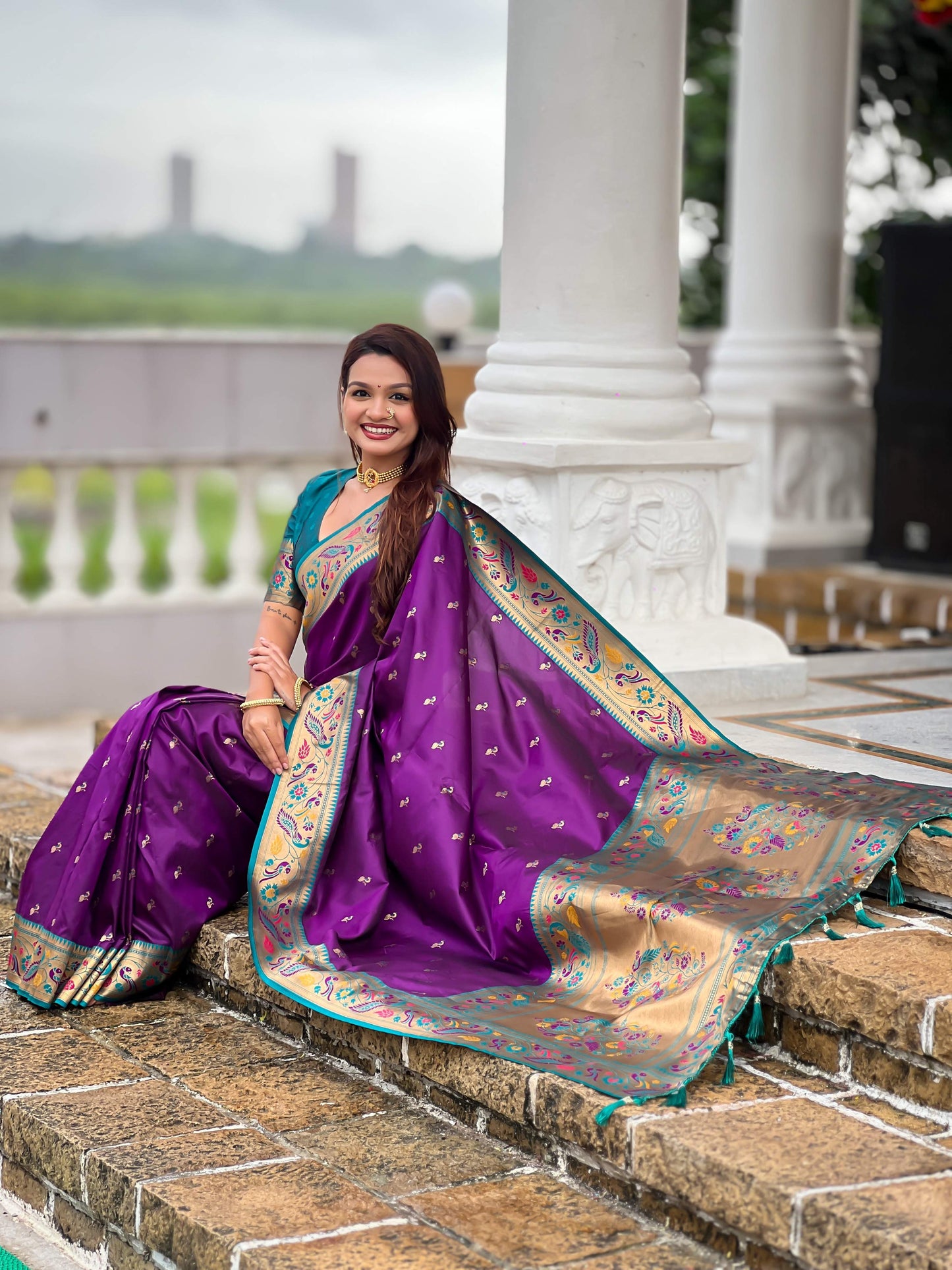 Mameraa Sarees Purple Faux Banarasi Silk Saree With Paithani Rich Weaved Pallu And Blouse-Purple