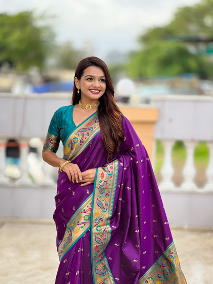 Mameraa Sarees Purple Faux Banarasi Silk Saree With Paithani Rich Weaved Pallu And Blouse-Purple