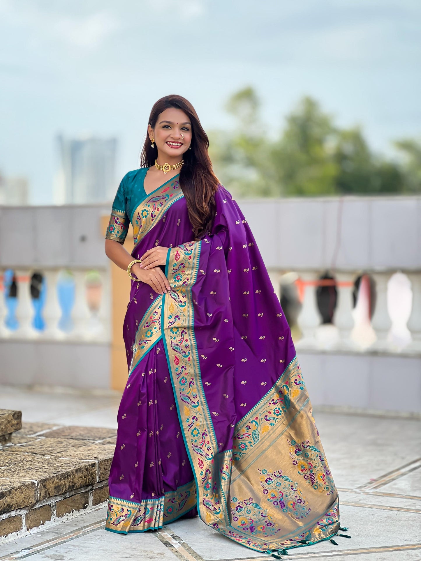 Mameraa Sarees Purple Faux Banarasi Silk Saree With Paithani Rich Weaved Pallu And Blouse-Purple