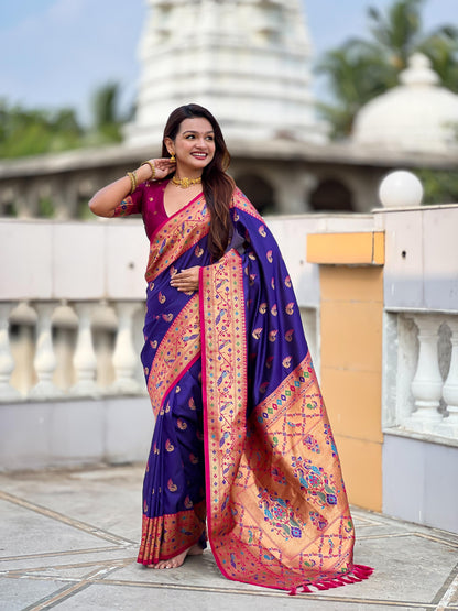 Mameraa Sarees Purple Faux Banarasi Silk Saree With Paithani Rich Weaved Pallu And Blouse-Purple