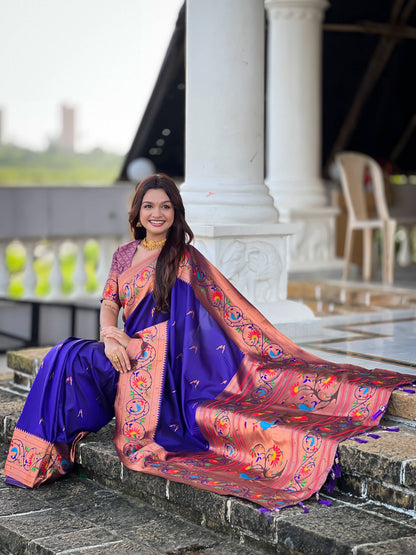 Mameraa Sarees Violet Faux Banarasi Silk Saree With Paithani Rich Weaved Pallu And Blouse-Violet