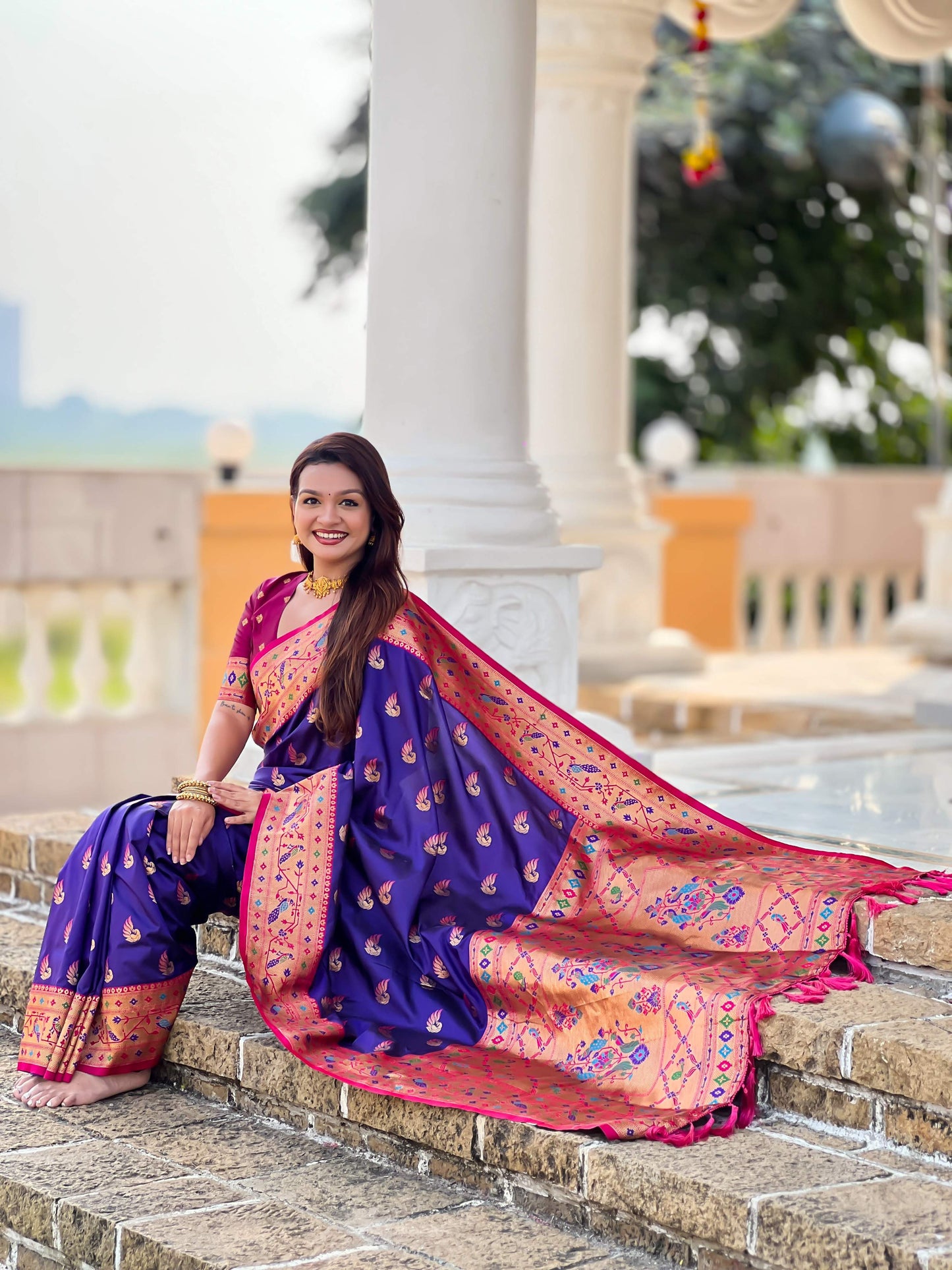 Mameraa Sarees Purple Faux Banarasi Silk Saree With Paithani Rich Weaved Pallu And Blouse-Purple