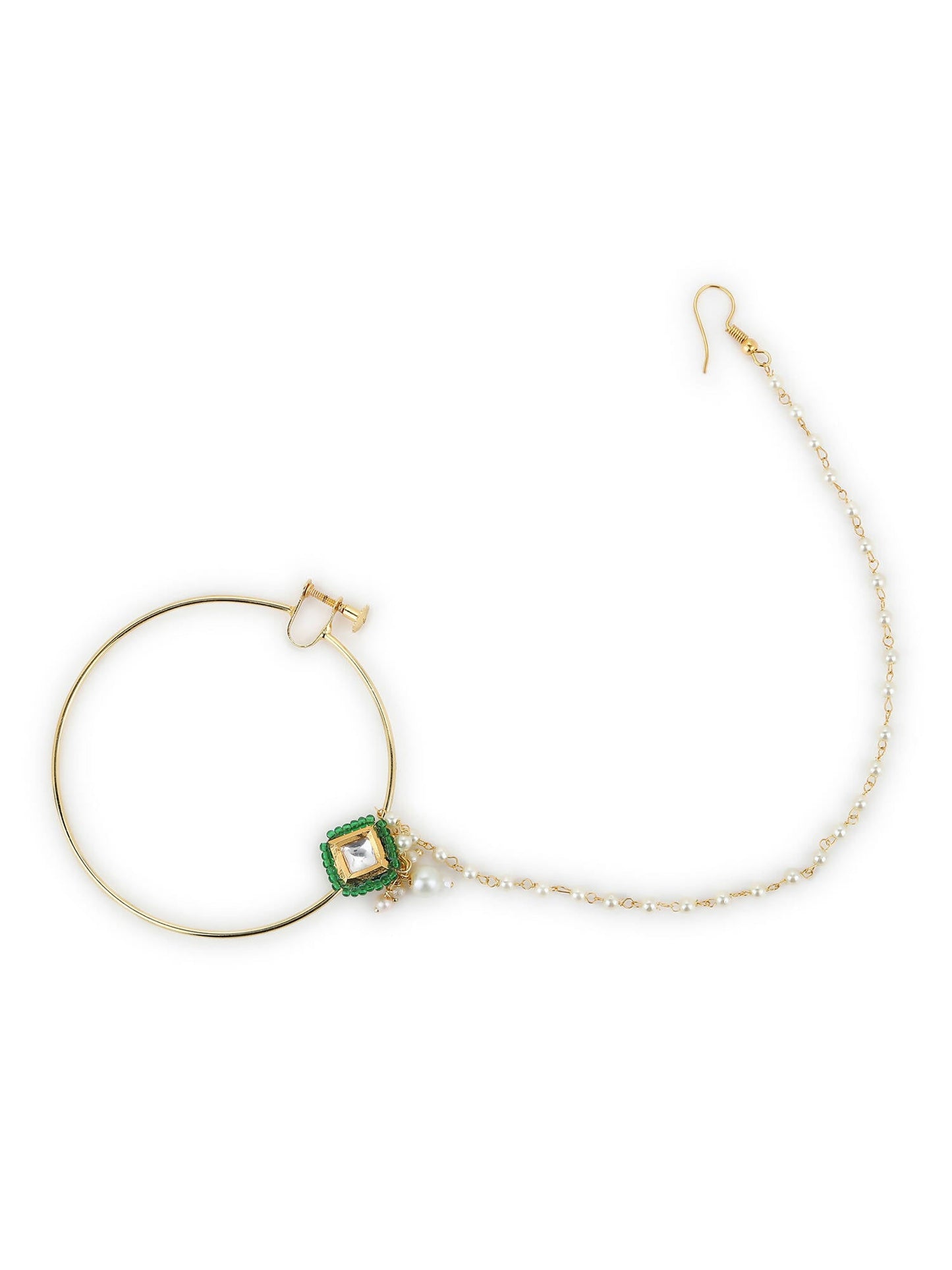 Gold-Polished Green White Kundan Studded Beaded Chained Nosepin - Ruby Raang