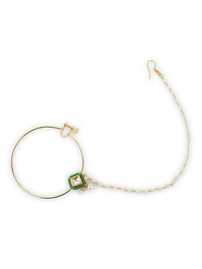 Gold-Polished Green White Kundan Studded Beaded Chained Nosepin - Ruby Raang