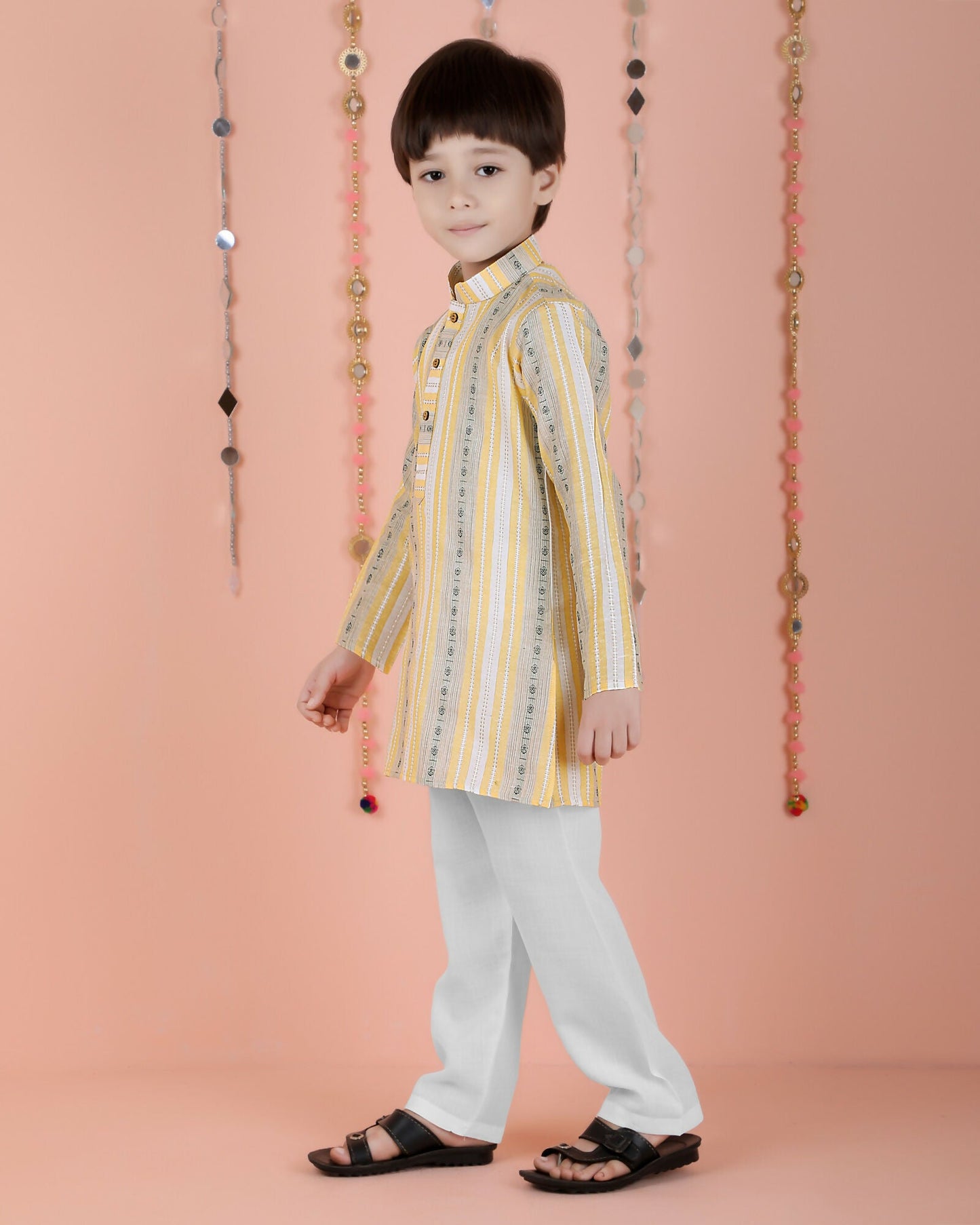 Joban Fashion Kids Island Cotton Full Sleeves Striped Kurta and Pyjama- Yellow