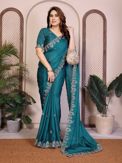 Teeya Creation New Trendy Party Wear Soft Satin Chiffon Saree-Teal